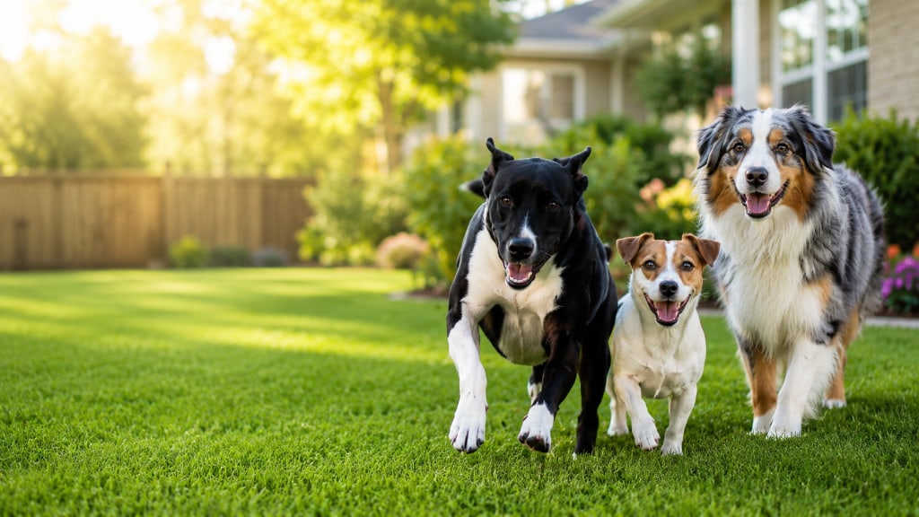 Three happy dogs — a mix, a Jack Russell, and an Australian Shepherd — on a pristine green lawn