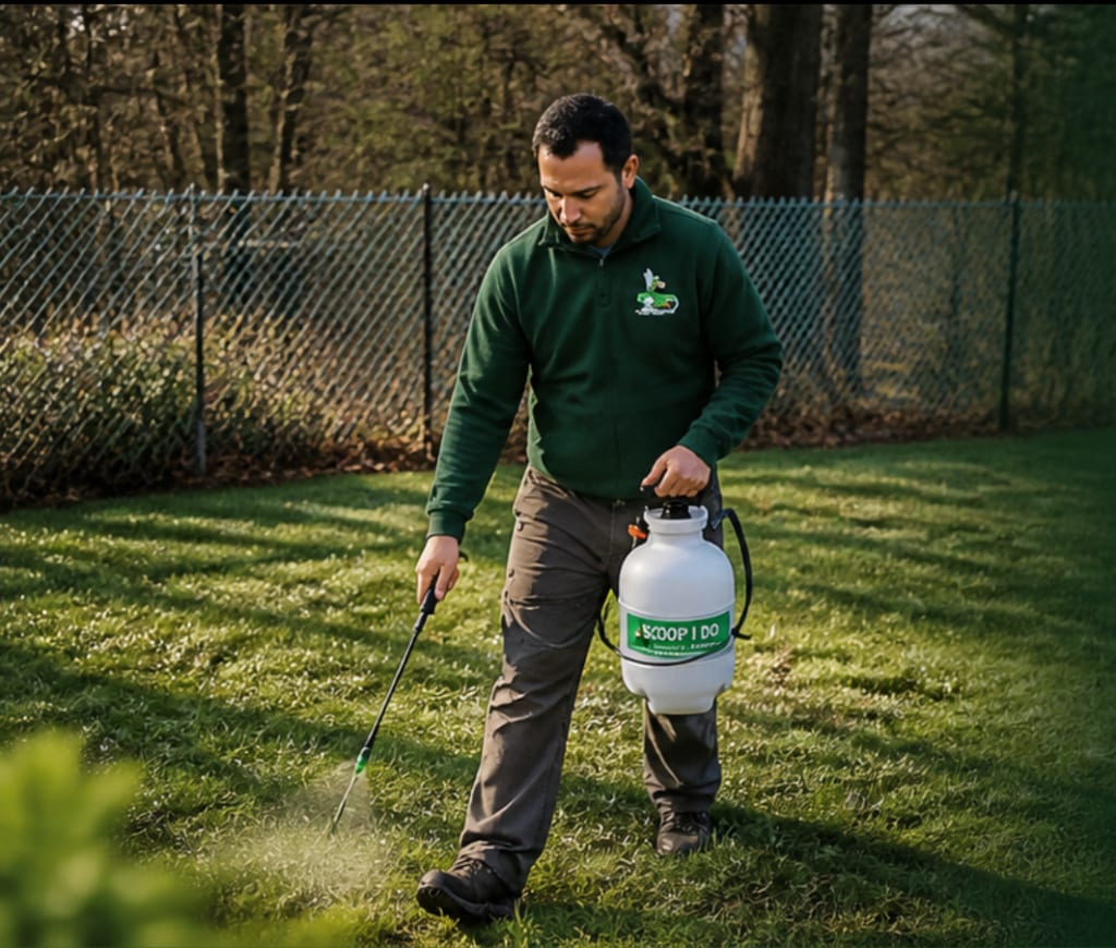 Scoop I Do applying Odour Eliminator to a lawn